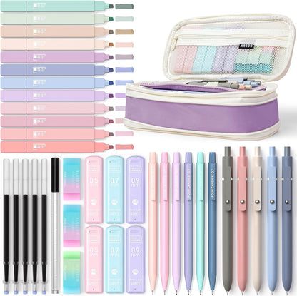 45 PCS School Supplies with Pen Case, 6 Gel Pens, 6 Art Mechanical Pencil Set, 12 Highlighters for College Essentials Office Stationery (Black)