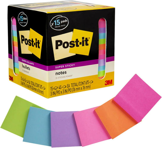 Super Sticky Notes, Assorted Bright Colors, 3 in X 3 In, 15 Pads/Pack, 45 Sheets/Pad, 2X the Sticking Power, Recyclable (654-15SSCP), Multi-Color
