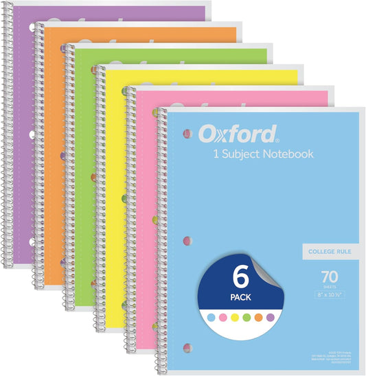 Oxford Notebooks, Spiral Notebook 1 Subject, College Ruled Paper, 8" X 10-1/2", Pastel Pink, Orange, Yellow, Green, Blue, Purple, 70 Sheets, 6 Pack, for School, Office