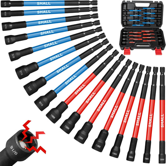 SHALL 16-Piece Magnetic Nut Driver Set - 6" Long Impact Drill Drivers with SAE & Metric 1/4" Hex Shank & Sturdy Tool Box