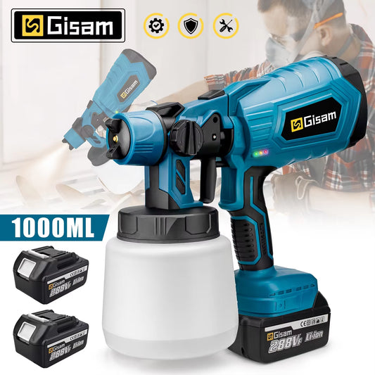 GISAM 1000ML Cordless Electric Spray Gun - HVLP Paint Sprayer for Auto, Furniture & Steel Coating (Tool Only - Makita 18V Battery Compatible)