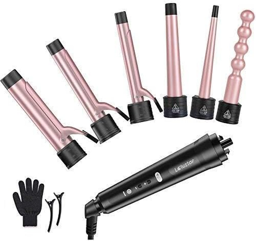 6-IN-1 Curling Iron, Professional Curling Wand Set, Instant Heat up Hair Curler with 6 Interchangeable Ceramic Barrels (0.35'' to 1.25'') and 2 Temperature Adjustments, Heat Protective Glove & 2 Clips