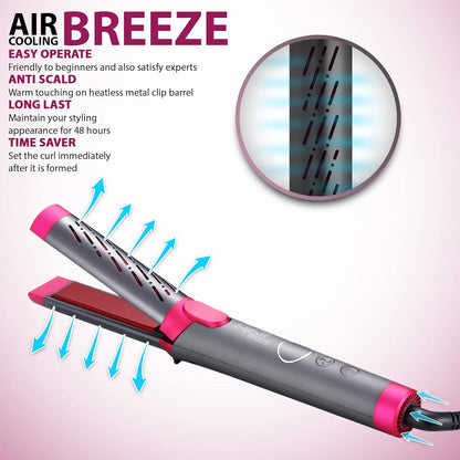 Breeze Airflow Hair Styler, 2-In-1 Hair Straightener and Curler, Create No Damage Long Last Bouncy Curls Waves & Smooth Straight, Ceramic Tourmaline Flat Iron Curling Iron with 5 Heat Settings