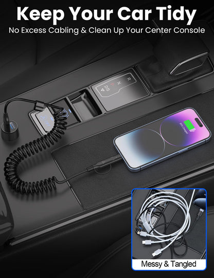 Car Carplay Cable for Iphone 15, Coiled 4-In-1 USB-C Cable, 3FT Car Charger for Iphone 16, 15 Pro Max, Samsung Galaxy, Google Pixel, Supports Carplay & Android Auto (1, Black)