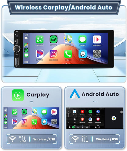 Single Din Car Stereo Wireless Carplay Android Auto 6.86 Inch 1 Din Touch Screen Car Radio Bluetooth FM/RDS EQ Backup Camera USB Type-C SWC AUX in TF