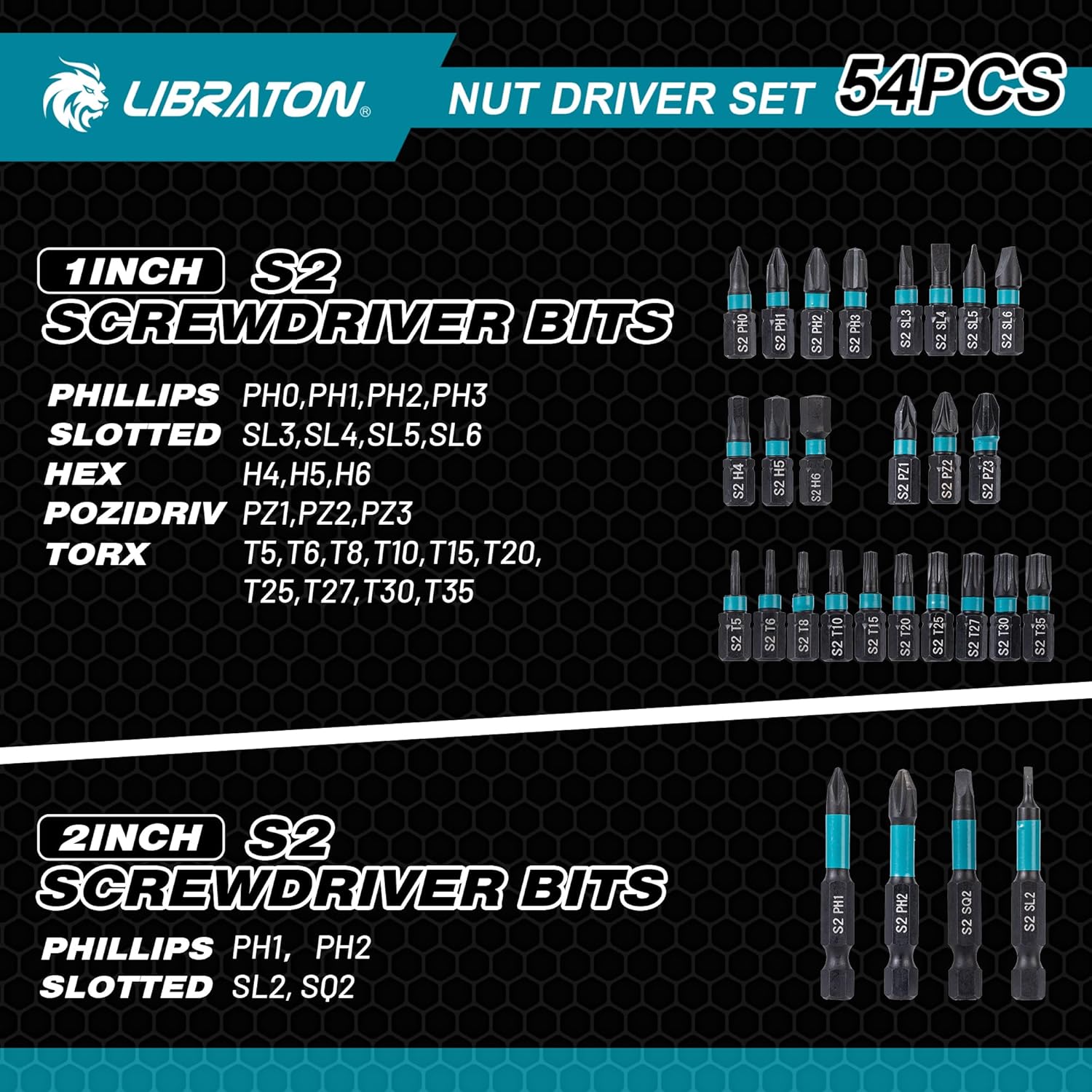 LIBRATON 54-Piece Magnetic Nut Driver Set - Complete 1/4" Impact Drill Bit Kit with Metric & SAE Drivers, Socket Adapters & Storage Box
