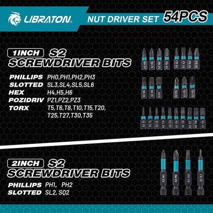 LIBRATON 54-Piece Magnetic Nut Driver Set - Complete 1/4" Impact Drill Bit Kit with Metric & SAE Drivers, Socket Adapters & Storage Box