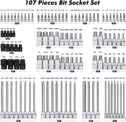 Mayouko 107-Piece Master Bit Socket Set - 1/4", 3/8" & 1/2" Drive with Torx, Hex, Ball End & SAE/Metric Bits