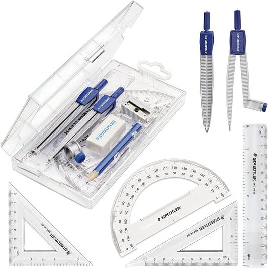 School Kit Math Geometry Set - 10-Piece Compass, Protractor & Ruler Kit with Flip Open Storage Box - Clear Measuring Tools - Student Drawing Supplies