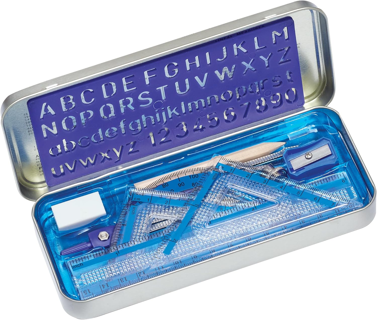 10-Piece Math Set with Metal Compass, 6" Ruler & Triangle Squares, 45° & 30/60° Set Squares, Alphabet Stencil - Measuring Tools