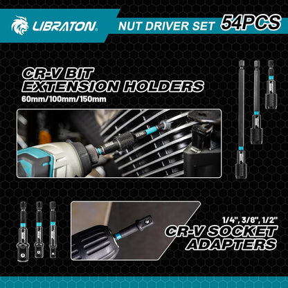LIBRATON 54-Piece Magnetic Nut Driver Set - Complete 1/4" Impact Drill Bit Kit with Metric & SAE Drivers, Socket Adapters & Storage Box
