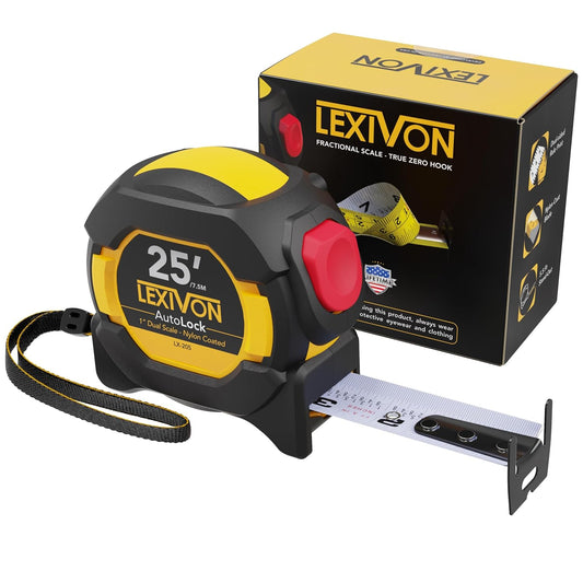 LEXIVON LX-205 25ft/7.5m AutoLock Tape Measure - 1" Wide Blade with Nylon Coating & Dual-Sided Rule Print