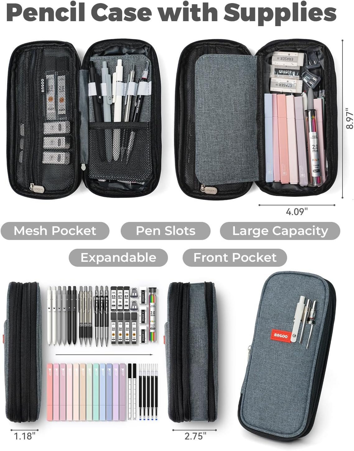 45 PCS School Supplies with Pen Case, 6 Gel Pens, 6 Art Mechanical Pencil Set, 12 Highlighters for College Essentials Office Stationery (Black)