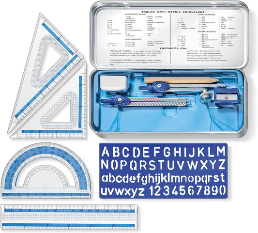 10-Piece Math Set with Metal Compass, 6" Ruler & Triangle Squares, 45° & 30/60° Set Squares, Alphabet Stencil - Measuring Tools