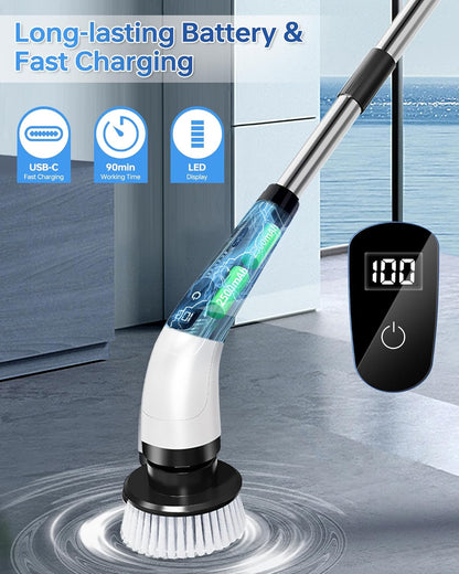 Kemolpo PowerSpin Pro Electric Scrubber - 8-Head Cordless Cleaning System with Detachable Extension Handle