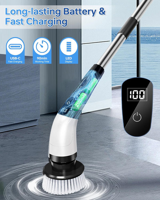 Kemolpo PowerSpin Pro Electric Scrubber - 8-Head Cordless Cleaning System with Detachable Extension Handle