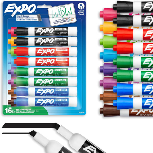Dry Erase Markers, Whiteboard Markers with Low Odour Ink, Chisel Tip, Assorted Colours, 16 Count