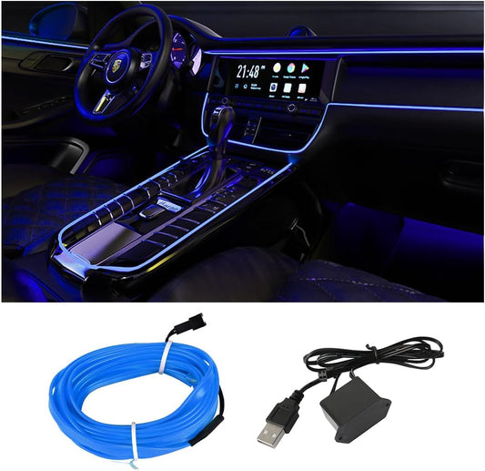 EL Wire Interior Car LED Strip Lights, USB Auto Neon Light Strip with Sewing Edge, 16FT Electroluminescent Car Ambient Lighting Kits with Fuse Protection, Car Decoration Accessories (Blue)