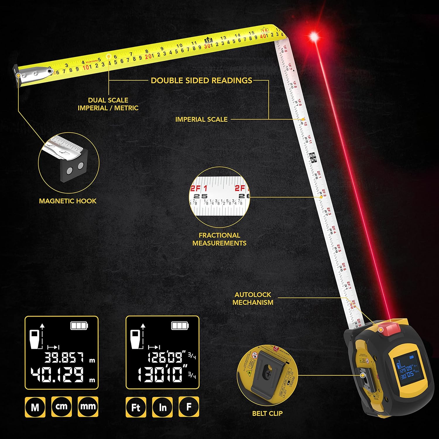 LEXIVON LX-201 2-in-1 Digital Laser Tape Measure - 130ft/40m Laser Distance Meter with 16ft/5m AutoLock Measuring Tape