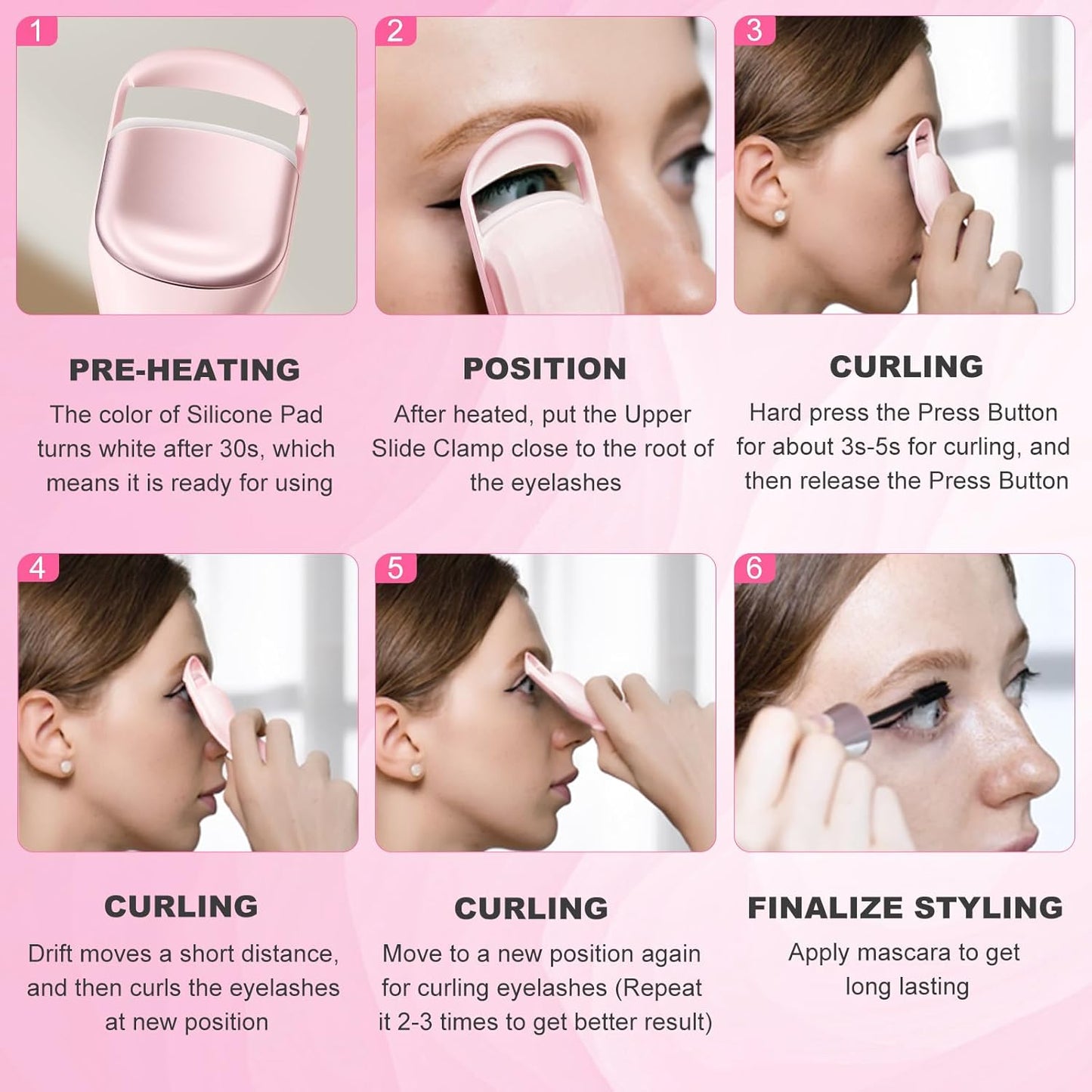 Heated Eyelash Curler Professional- Naturally Curling Eye Lashes with Innovative Heating Silicone, Electric Eyelashes Curler with 600Mah Rechargeable Battery EC4001 (Pink)