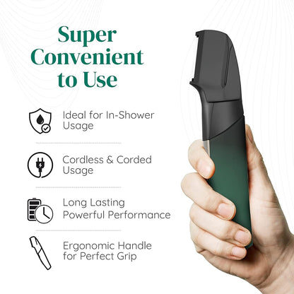 Face & Body Multi Grooming Trimmer for Men with Beard Trimmer, 20 Length Settings, 90 Mins Run Time Fast Charging Battery, Rounded Blades, Washer Bag, Charging Stand, Waterproof (Green)