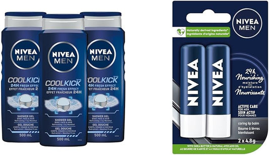 MEN Cool Kick Body Wash | 3-In-1 Men Shower Gel (Body, Face & Hair), 3X500Ml & MEN Active Lip Balm, (2 X 4.8G) | Made with Jojoba Oil & Shea Butter, 24H Hydration