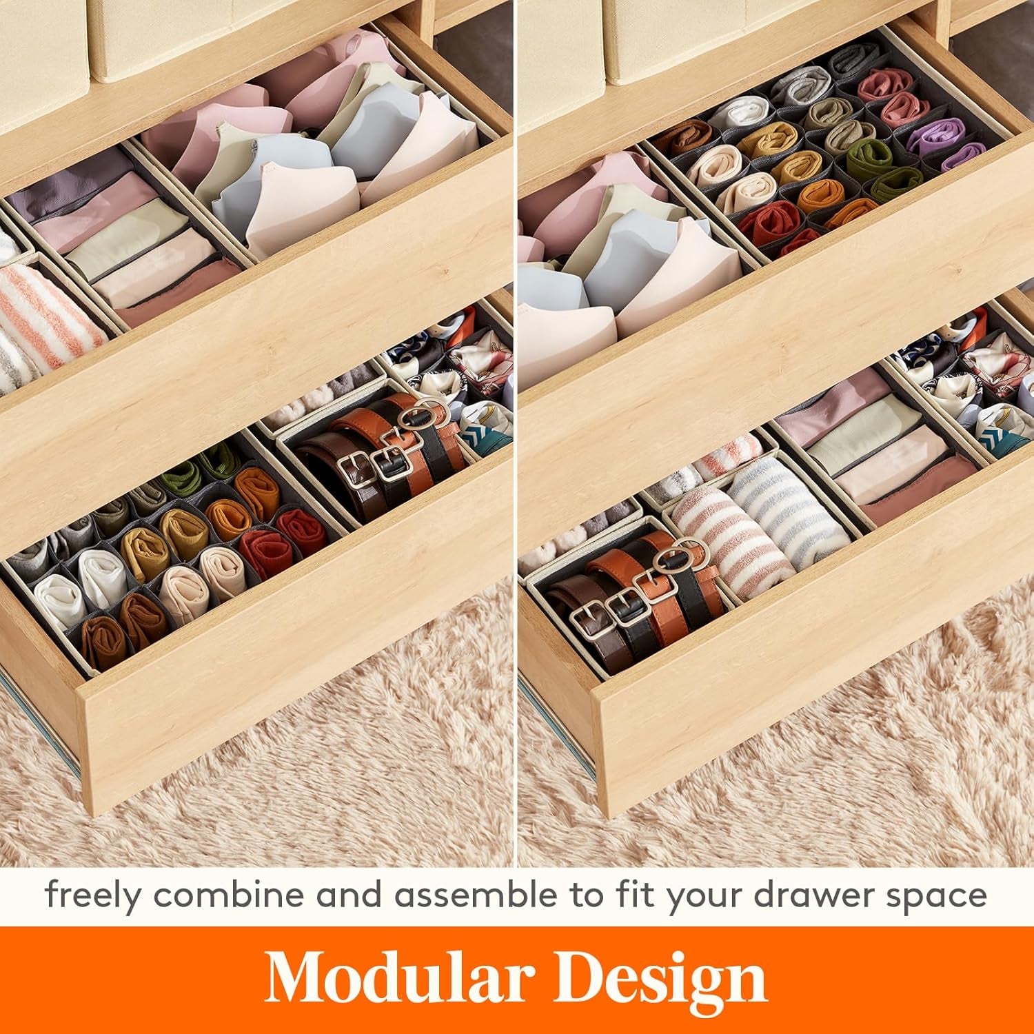 Closet Underwear Drawer Organizer Divider, 12 Pieces Fabric Foldable Dresser Organizers and Storage Bins for Storing Lingerie, Bra, Undies, Gray