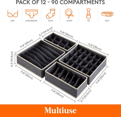 Closet Underwear Drawer Organizer Divider, 12 Pieces Fabric Foldable Dresser Organizers and Storage Bins for Storing Lingerie, Bra, Undies, Gray