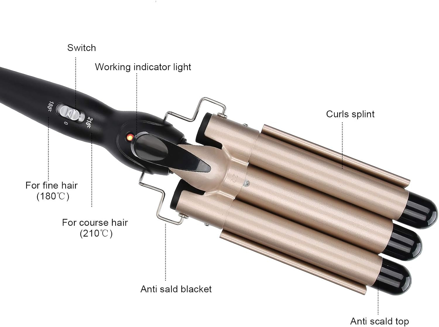 Electric Hair Curler 3 Curling Iron Wand Adjustable Hair Curler Waver Crimper Hair Styling Tool Crimping Waver for Women Beach Waves(Gold 22Mm)