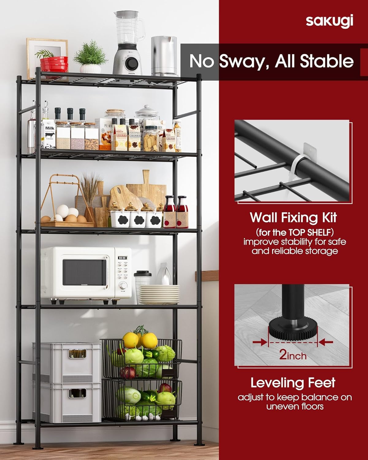 5 Tier Shelf - Heavy Duty Metal Storage Shelves with Adjustable Leveling Feet, Large Capacity Shelving Unit with Multiple Hooks for Kitchen, Pantry, Office (83 X 33 X 184 Cm, Black)