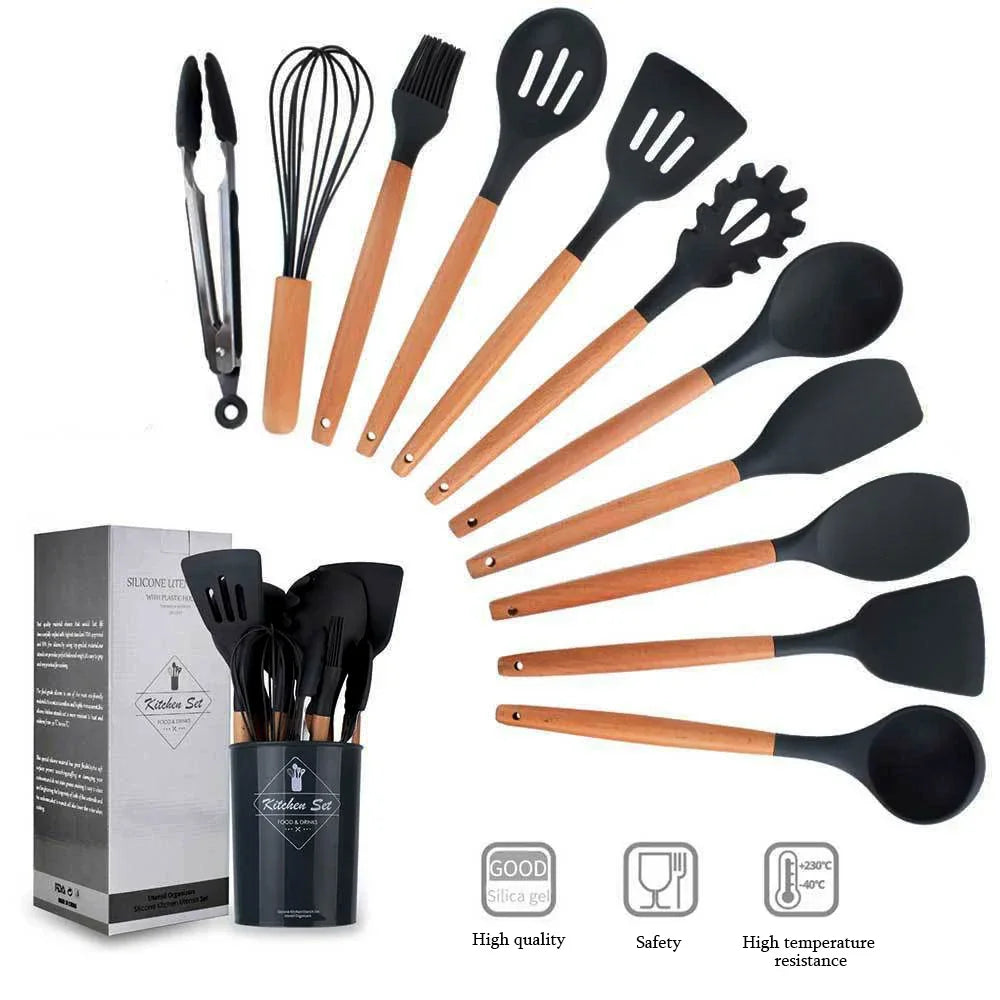 12-Piece Premium Silicone Kitchen Utensil Set - Non-Stick Cookware Tools with Wooden Handles