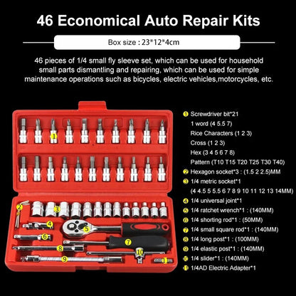 Professional 46-Piece Car Repair Tool Kit - Complete 1/4" Socket & Ratchet Set with Torque Wrench