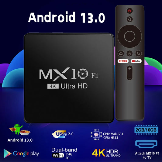 UltraStream MX10 F1 | 2024 Certified 4K Android TV Box (Android 13, 2GB RAM/16GB Storage, ONN Certified)