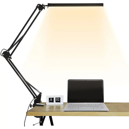 LED Folding Metal Desk Lamp Clip on Light Clamp Long Arm Diming Table Lamp 3 Colors Adjustable for Living Room Reading Computers
