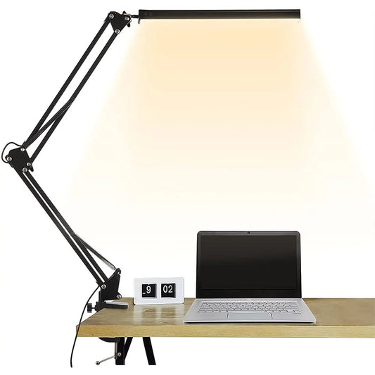 LED Folding Metal Desk Lamp Clip on Light Clamp Long Arm Diming Table Lamp 3 Colors Adjustable for Living Room Reading Computers