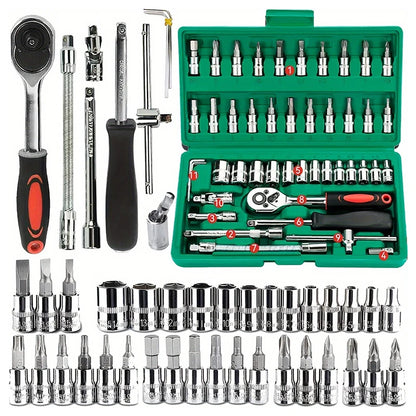 Professional 46-Piece Drive Socket Set - Complete 1/4" Ratchet & Wrench Kit with Metric Hex Bits