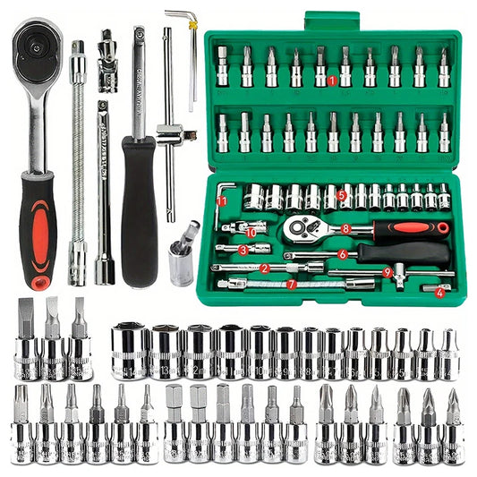 Professional 46-Piece Drive Socket Set - Complete 1/4" Ratchet & Wrench Kit with Metric Hex Bits