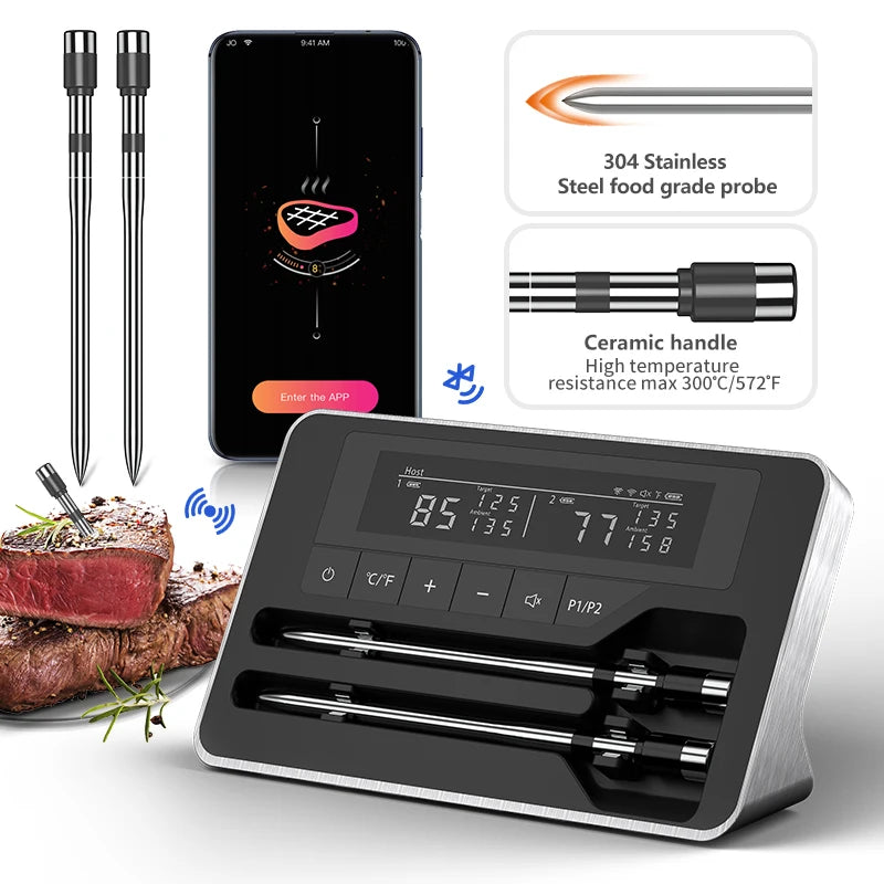 GrillSmart Bluetooth Wireless Meat Thermometer – Digital Probe with App, LCD Display for Oven, Smoker & BBQ
