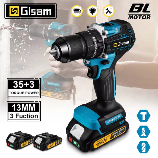 Gisam 65N.m Brushless Cordless Impact Drill - 13mm Chuck with 35+3 Torque Settings (Tool Only - Makita 18V Battery Compatible)