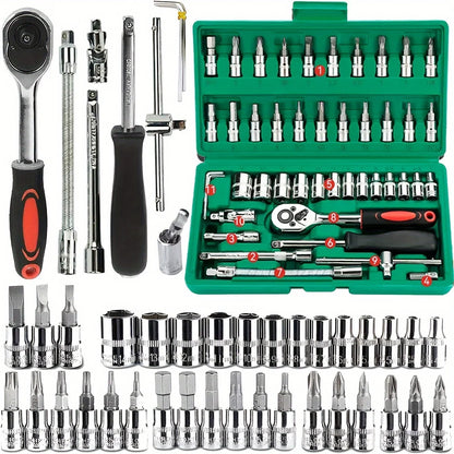 Professional 46-Piece Drive Socket Set - Complete 1/4" Ratchet & Wrench Kit with Metric Hex Bits