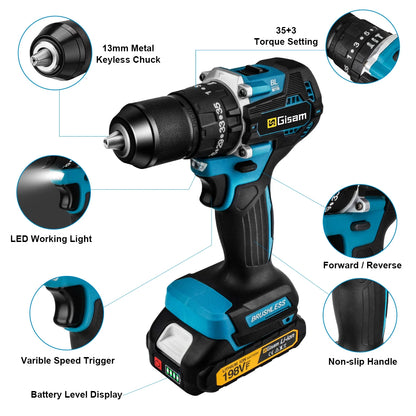 Gisam 65N.m Brushless Cordless Impact Drill - 13mm Chuck with 35+3 Torque Settings (Tool Only - Makita 18V Battery Compatible)