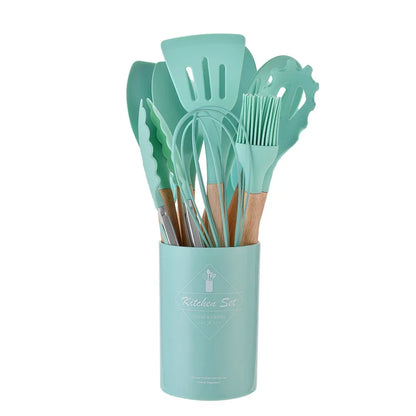 12-Piece Premium Silicone Kitchen Utensil Set - Non-Stick Cookware Tools with Wooden Handles