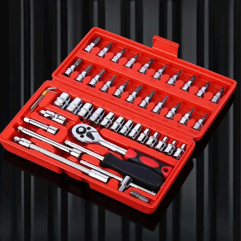 Professional 46-Piece Car Repair Tool Kit - Complete 1/4" Socket & Ratchet Set with Torque Wrench