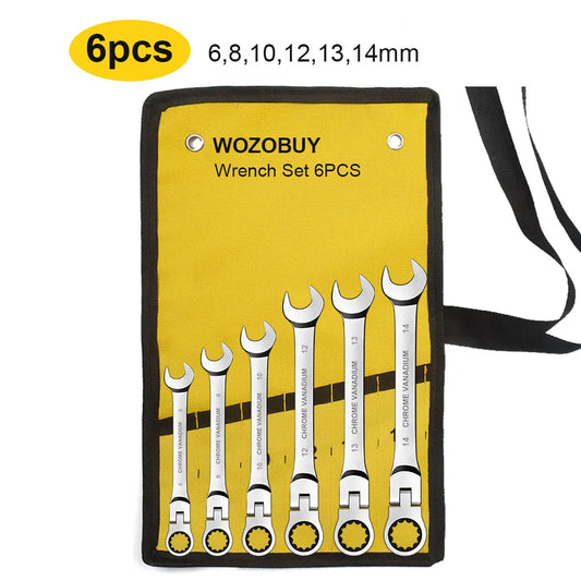 Professional 6-Piece Flex Head Ratcheting Combination Wrench Set - Chrome Vanadium Steel Metric Spanners with Storage Bag