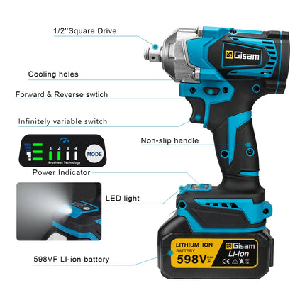 Gisam 1200N.m High-Torque Brushless Impact Wrench - 1/2" Drive Cordless Power Tool (Tool Only - Makita 18V Battery Compatible)