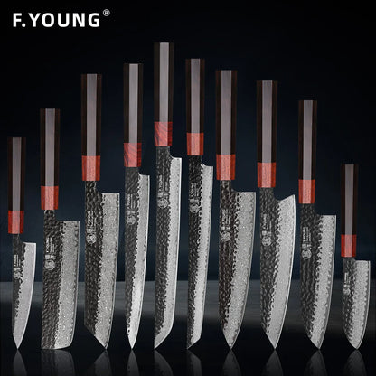 F.YOUNG Japanese Damascus Steel Chef Knife - Professional Hand-Forged Kitchen Knife for Meat Slicing, Sashimi & Precision Cutting