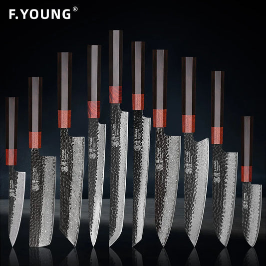 F.YOUNG Japanese Damascus Steel Chef Knife - Professional Hand-Forged Kitchen Knife for Meat Slicing, Sashimi & Precision Cutting