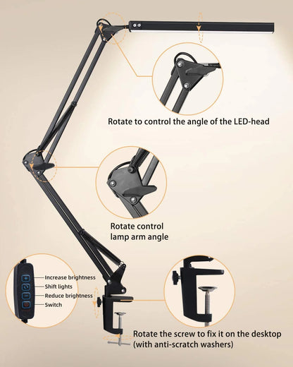 LED Folding Metal Desk Lamp Clip on Light Clamp Long Arm Diming Table Lamp 3 Colors Adjustable for Living Room Reading Computers
