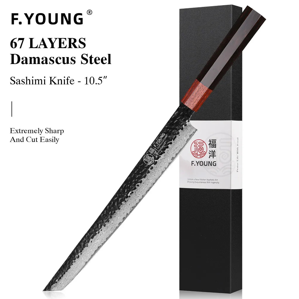 F.YOUNG Japanese Damascus Steel Chef Knife - Professional Hand-Forged Kitchen Knife for Meat Slicing, Sashimi & Precision Cutting