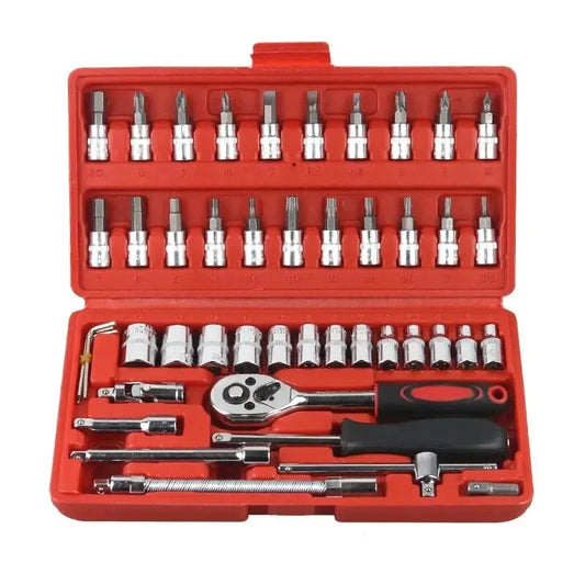 Professional 46-Piece Car Repair Tool Kit - Complete 1/4" Socket & Ratchet Set with Torque Wrench